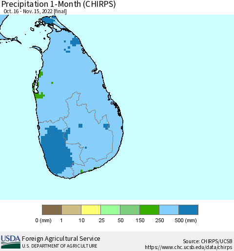 Sri Lanka Precipitation 1-Month (CHIRPS) Thematic Map For 10/16/2022 - 11/15/2022