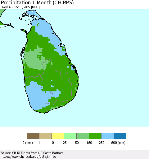 Sri Lanka Precipitation 1-Month (CHIRPS) Thematic Map For 11/6/2022 - 12/5/2022