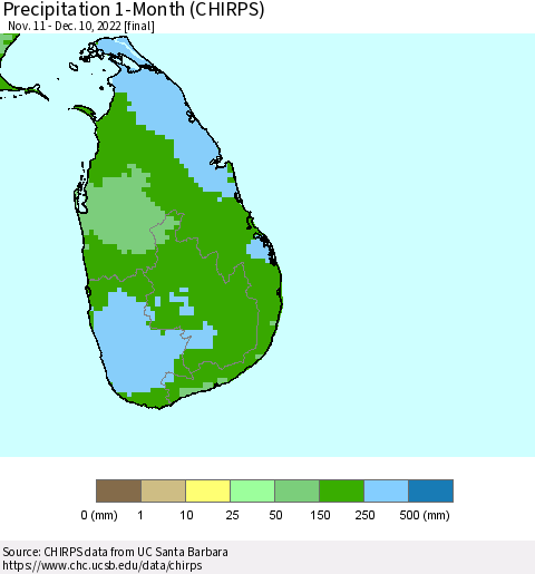 Sri Lanka Precipitation 1-Month (CHIRPS) Thematic Map For 11/11/2022 - 12/10/2022