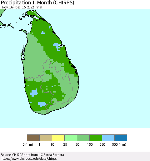 Sri Lanka Precipitation 1-Month (CHIRPS) Thematic Map For 11/16/2022 - 12/15/2022