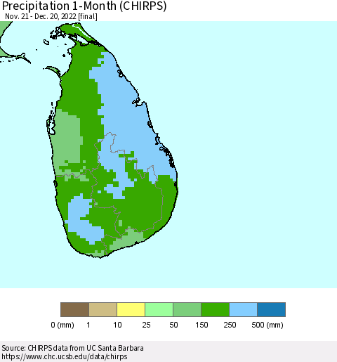 Sri Lanka Precipitation 1-Month (CHIRPS) Thematic Map For 11/21/2022 - 12/20/2022