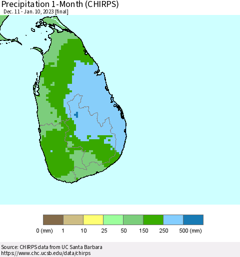 Sri Lanka Precipitation 1-Month (CHIRPS) Thematic Map For 12/11/2022 - 1/10/2023