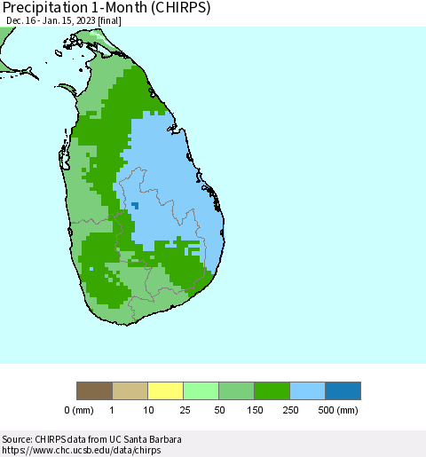Sri Lanka Precipitation 1-Month (CHIRPS) Thematic Map For 12/16/2022 - 1/15/2023