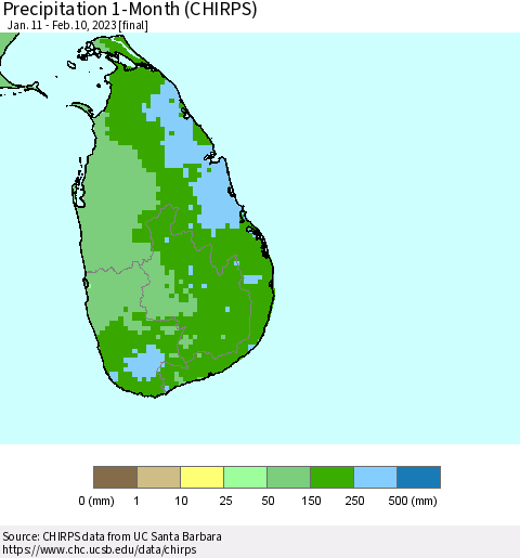 Sri Lanka Precipitation 1-Month (CHIRPS) Thematic Map For 1/11/2023 - 2/10/2023