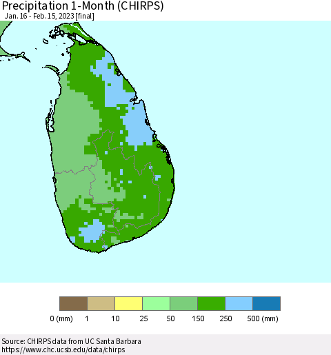 Sri Lanka Precipitation 1-Month (CHIRPS) Thematic Map For 1/16/2023 - 2/15/2023