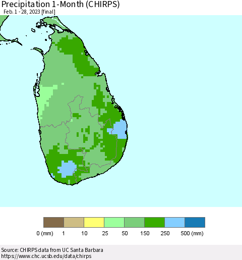 Sri Lanka Precipitation 1-Month (CHIRPS) Thematic Map For 2/1/2023 - 2/28/2023
