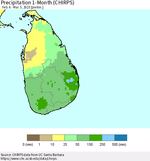Sri Lanka Precipitation 1-Month (CHIRPS) Thematic Map For 2/6/2023 - 3/5/2023