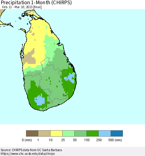 Sri Lanka Precipitation 1-Month (CHIRPS) Thematic Map For 2/11/2023 - 3/10/2023