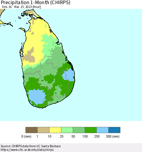 Sri Lanka Precipitation 1-Month (CHIRPS) Thematic Map For 2/16/2023 - 3/15/2023
