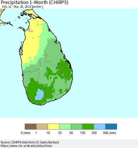 Sri Lanka Precipitation 1-Month (CHIRPS) Thematic Map For 2/21/2023 - 3/20/2023