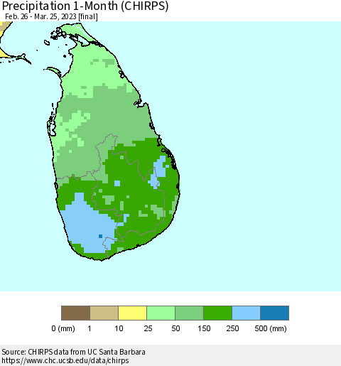 Sri Lanka Precipitation 1-Month (CHIRPS) Thematic Map For 2/26/2023 - 3/25/2023