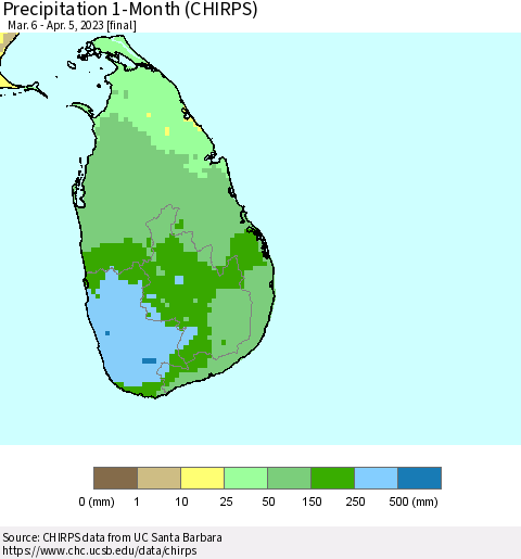 Sri Lanka Precipitation 1-Month (CHIRPS) Thematic Map For 3/6/2023 - 4/5/2023