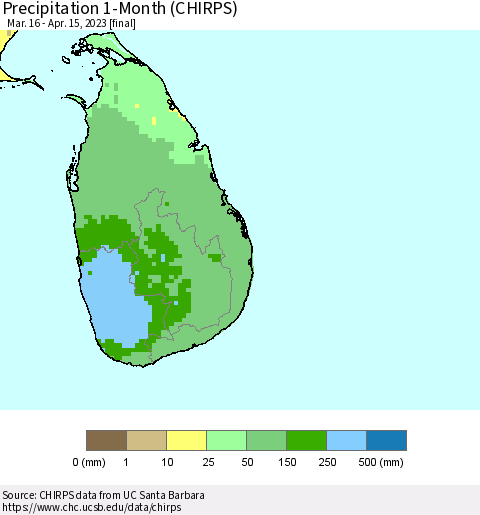 Sri Lanka Precipitation 1-Month (CHIRPS) Thematic Map For 3/16/2023 - 4/15/2023