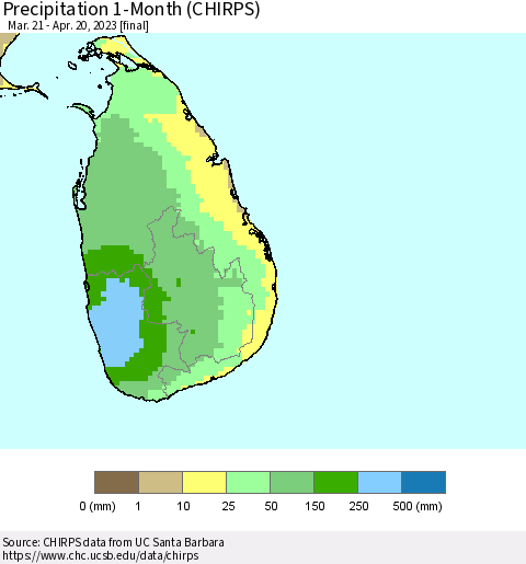 Sri Lanka Precipitation 1-Month (CHIRPS) Thematic Map For 3/21/2023 - 4/20/2023