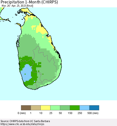 Sri Lanka Precipitation 1-Month (CHIRPS) Thematic Map For 3/26/2023 - 4/25/2023