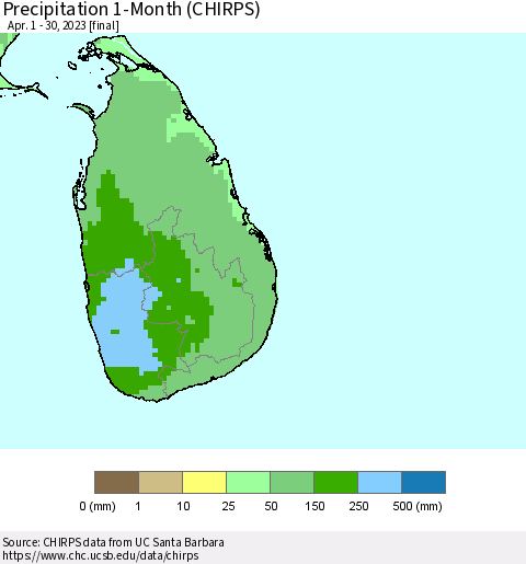 Sri Lanka Precipitation 1-Month (CHIRPS) Thematic Map For 4/1/2023 - 4/30/2023