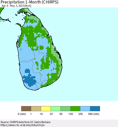 Sri Lanka Precipitation 1-Month (CHIRPS) Thematic Map For 4/6/2023 - 5/5/2023