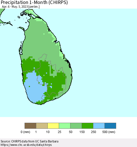 Sri Lanka Precipitation 1-Month (CHIRPS) Thematic Map For 4/6/2023 - 5/5/2023