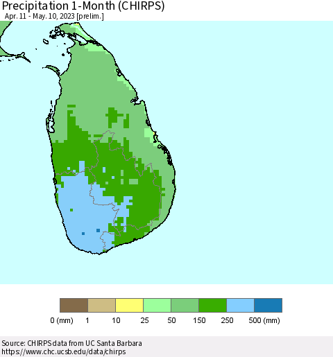 Sri Lanka Precipitation 1-Month (CHIRPS) Thematic Map For 4/11/2023 - 5/10/2023