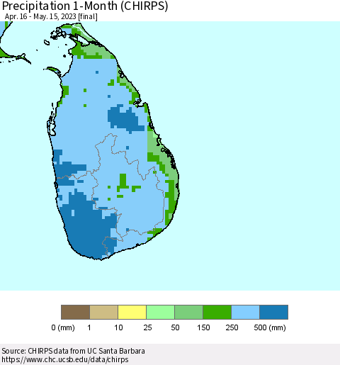 Sri Lanka Precipitation 1-Month (CHIRPS) Thematic Map For 4/16/2023 - 5/15/2023