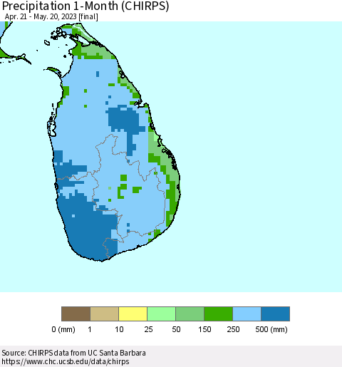 Sri Lanka Precipitation 1-Month (CHIRPS) Thematic Map For 4/21/2023 - 5/20/2023