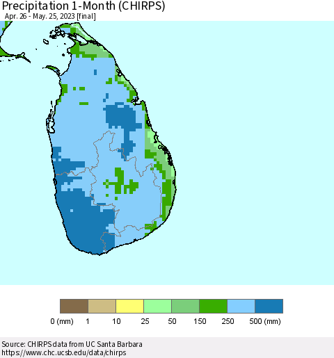 Sri Lanka Precipitation 1-Month (CHIRPS) Thematic Map For 4/26/2023 - 5/25/2023
