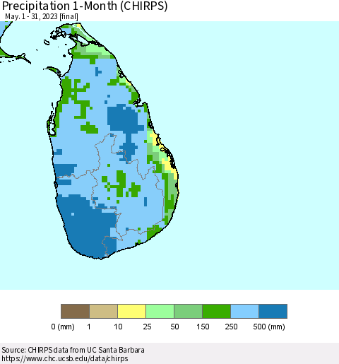 Sri Lanka Precipitation 1-Month (CHIRPS) Thematic Map For 5/1/2023 - 5/31/2023