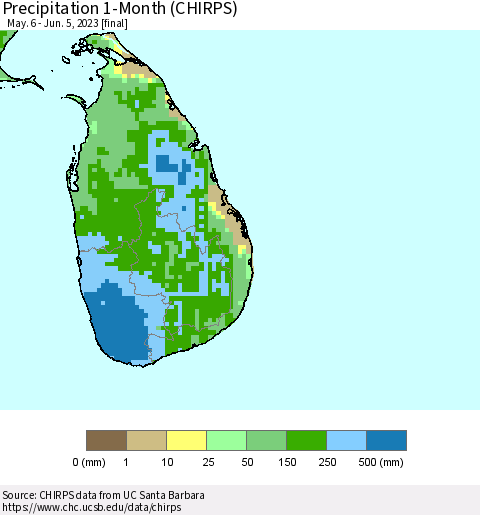 Sri Lanka Precipitation 1-Month (CHIRPS) Thematic Map For 5/6/2023 - 6/5/2023