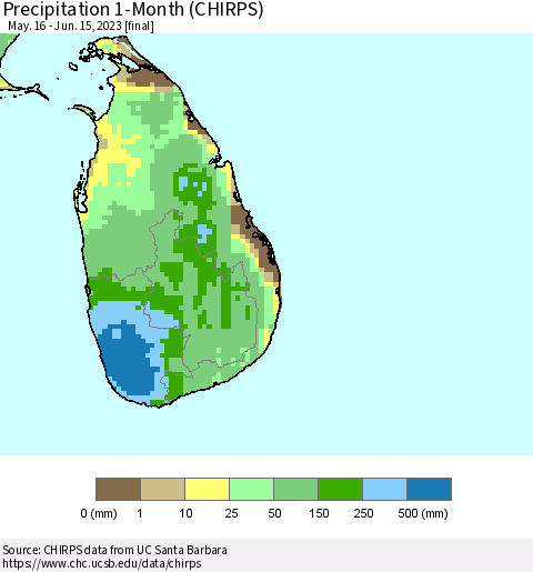 Sri Lanka Precipitation 1-Month (CHIRPS) Thematic Map For 5/16/2023 - 6/15/2023