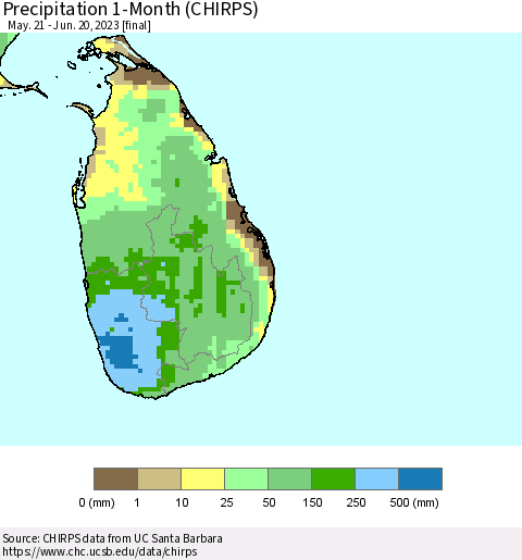 Sri Lanka Precipitation 1-Month (CHIRPS) Thematic Map For 5/21/2023 - 6/20/2023