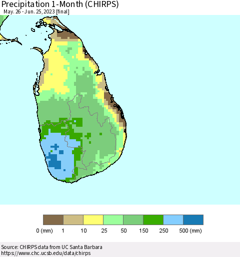 Sri Lanka Precipitation 1-Month (CHIRPS) Thematic Map For 5/26/2023 - 6/25/2023