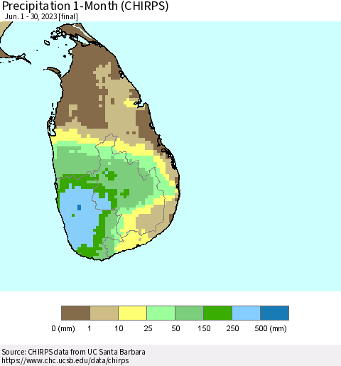 Sri Lanka Precipitation 1-Month (CHIRPS) Thematic Map For 6/1/2023 - 6/30/2023