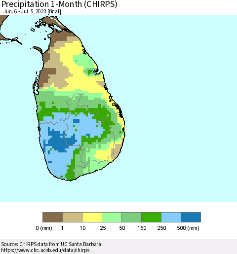 Sri Lanka Precipitation 1-Month (CHIRPS) Thematic Map For 6/6/2023 - 7/5/2023