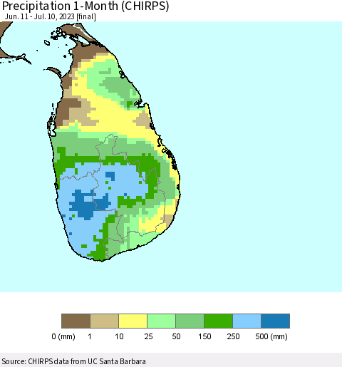 Sri Lanka Precipitation 1-Month (CHIRPS) Thematic Map For 6/11/2023 - 7/10/2023