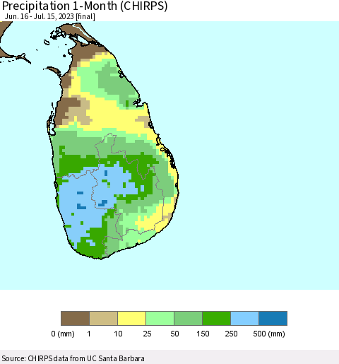 Sri Lanka Precipitation 1-Month (CHIRPS) Thematic Map For 6/16/2023 - 7/15/2023