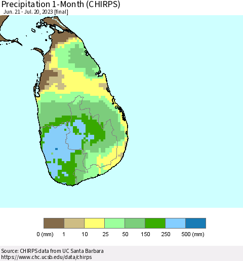 Sri Lanka Precipitation 1-Month (CHIRPS) Thematic Map For 6/21/2023 - 7/20/2023
