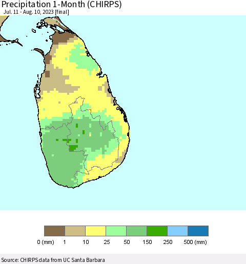 Sri Lanka Precipitation 1-Month (CHIRPS) Thematic Map For 7/11/2023 - 8/10/2023