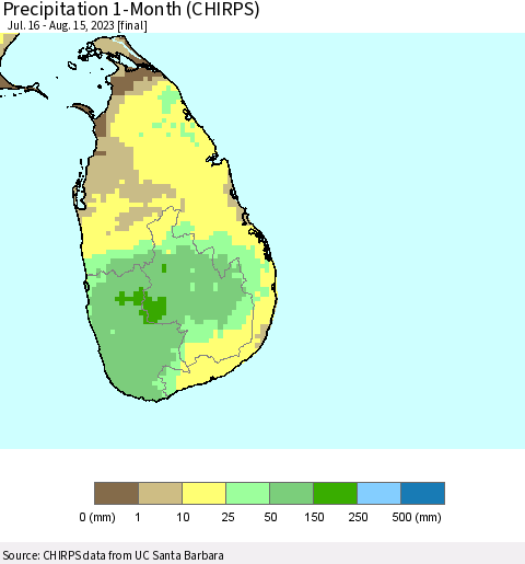 Sri Lanka Precipitation 1-Month (CHIRPS) Thematic Map For 7/16/2023 - 8/15/2023
