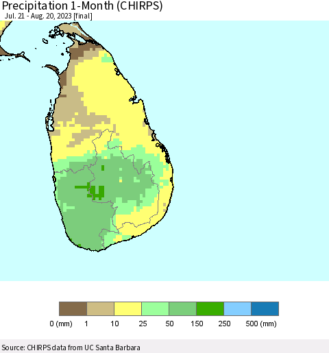 Sri Lanka Precipitation 1-Month (CHIRPS) Thematic Map For 7/21/2023 - 8/20/2023