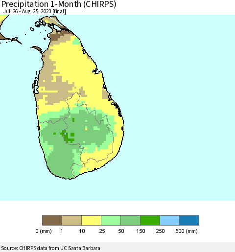 Sri Lanka Precipitation 1-Month (CHIRPS) Thematic Map For 7/26/2023 - 8/25/2023