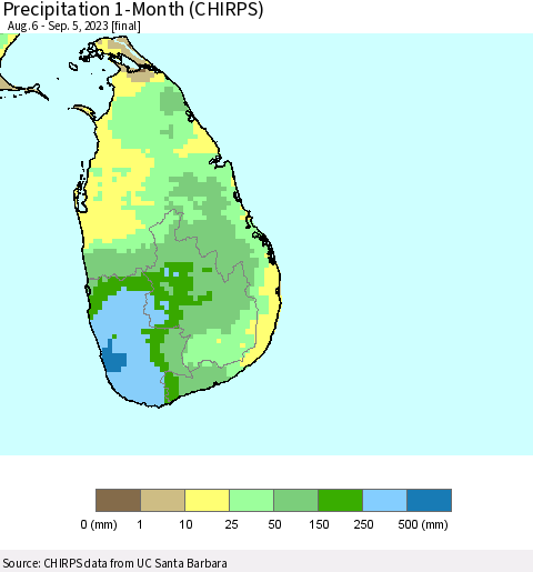 Sri Lanka Precipitation 1-Month (CHIRPS) Thematic Map For 8/6/2023 - 9/5/2023