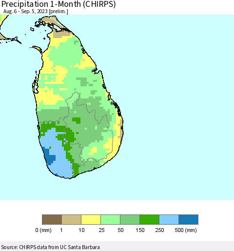 Sri Lanka Precipitation 1-Month (CHIRPS) Thematic Map For 8/6/2023 - 9/5/2023