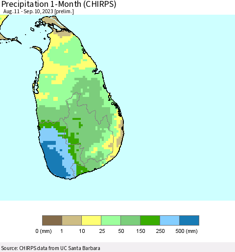 Sri Lanka Precipitation 1-Month (CHIRPS) Thematic Map For 8/11/2023 - 9/10/2023
