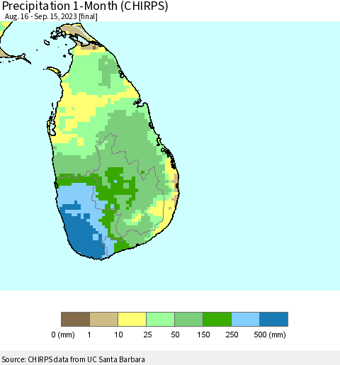 Sri Lanka Precipitation 1-Month (CHIRPS) Thematic Map For 8/16/2023 - 9/15/2023