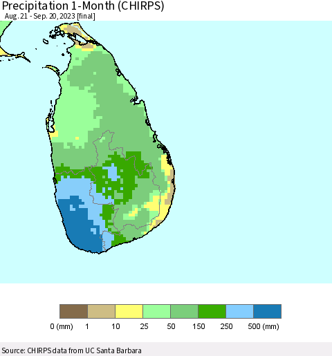 Sri Lanka Precipitation 1-Month (CHIRPS) Thematic Map For 8/21/2023 - 9/20/2023
