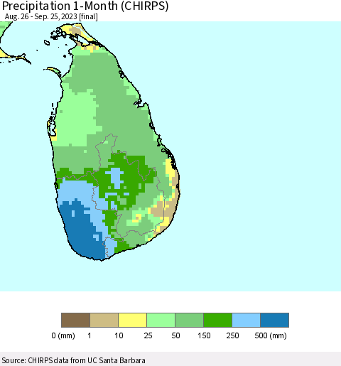 Sri Lanka Precipitation 1-Month (CHIRPS) Thematic Map For 8/26/2023 - 9/25/2023