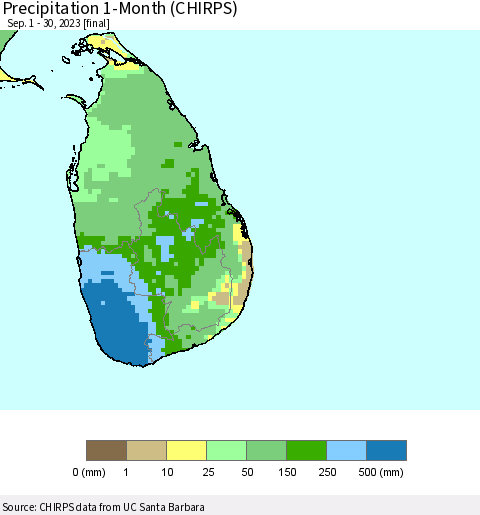 Sri Lanka Precipitation 1-Month (CHIRPS) Thematic Map For 9/1/2023 - 9/30/2023