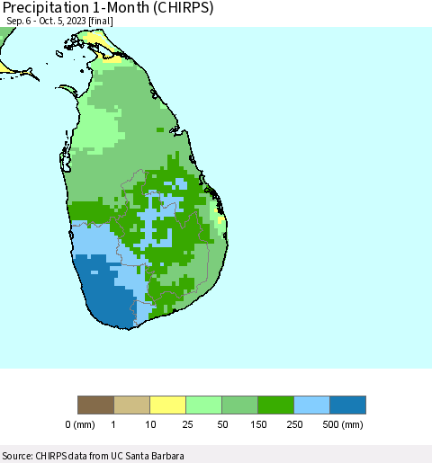 Sri Lanka Precipitation 1-Month (CHIRPS) Thematic Map For 9/6/2023 - 10/5/2023