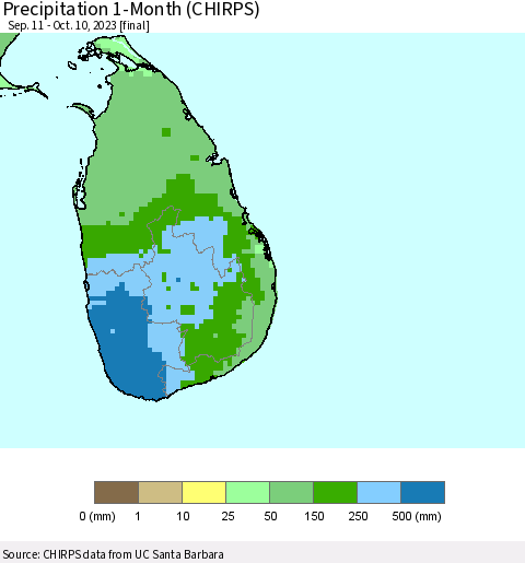Sri Lanka Precipitation 1-Month (CHIRPS) Thematic Map For 9/11/2023 - 10/10/2023