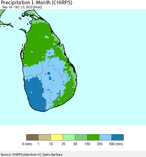 Sri Lanka Precipitation 1-Month (CHIRPS) Thematic Map For 9/16/2023 - 10/15/2023